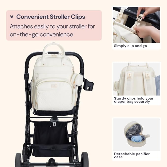 BabbleRoo Leather Diaper Bag Backpack - Baby Essentials Travel Baby Bag, Multi function, Water Resistant, with Changing Pad, Stroller Straps & Pacifier Case – Unisex, Eggshell White