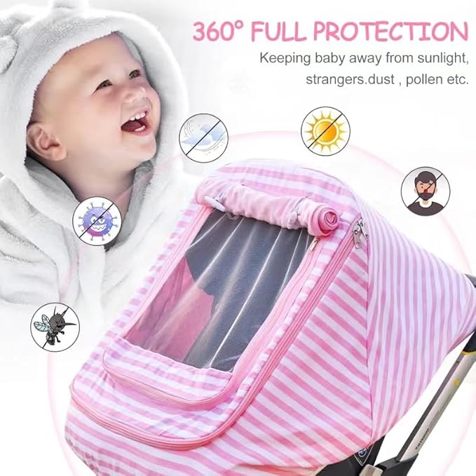 Car Seat Covers for Babies,Baby Car Seat Cover for Boys Girls, Windproof Infant Carseat Cover,Kick-Proof Car Seat Canopy with Breathable Mesh Peep Window(Pink Stripe)
