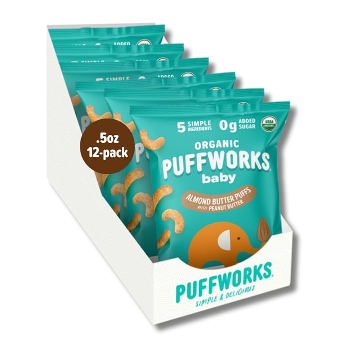 Puffworks Baby Organic Almond Butter Puffs, with Peanut Butter, Plant Protein, USDA Organic, Gluten-Free, Vegan, Non-GMO, Kosher, 1.0 Ounce (Pack of 6)
