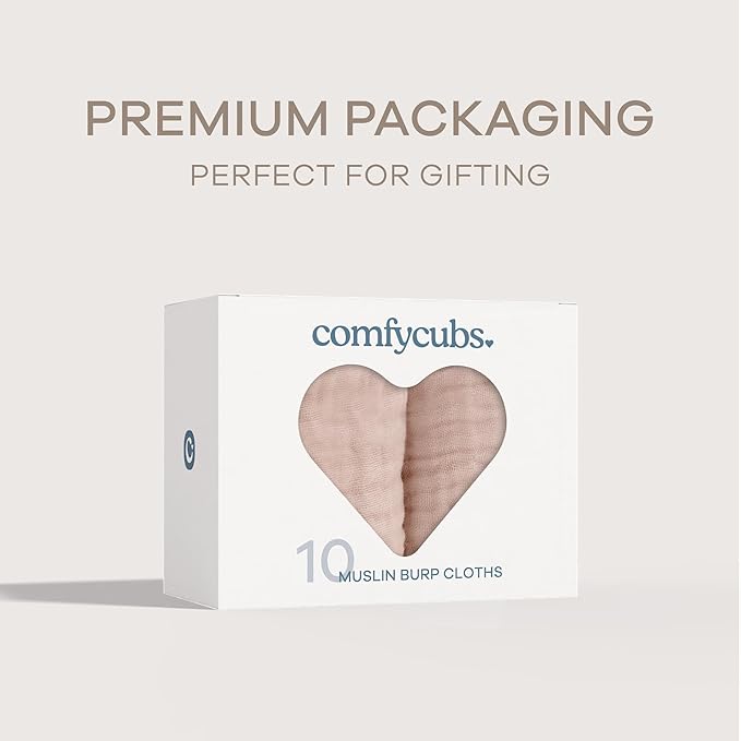 Comfy Cubs Muslin Burp Cloths 20" x 10", Pack of 10 - Large, 6-Layer, Ultra Absorbent 100% Cotton for Baby Drool and Messes - Soft, Safe & Gentle Baby Burp Cloths for Boys & Girls - Blush