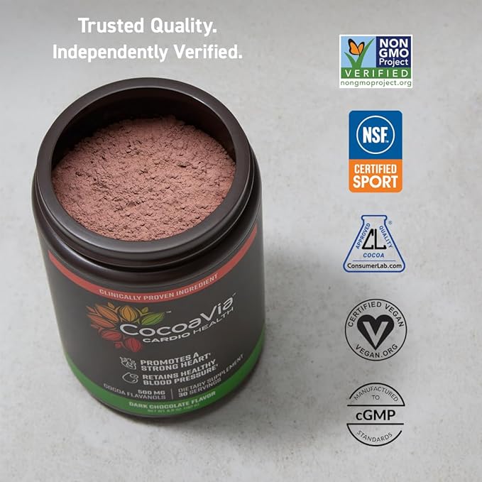CocoaVia Cardio Health Cocoa Powder, 60 Servings, 500mg Cocoa Flavanols, Support Heart Health, Boost Nitric Oxide, Improve Circulation, Energy, Preworkout, Vegan, Dark Chocolate Cacao