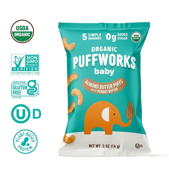 Puffworks Baby Organic Almond Butter Puffs, with Peanut Butter, Plant-Based Protein, USDA Organic, Gluten-Free, Vegan, Non-GMO, Kosher, 0.5 Ounce (Pack of 12)