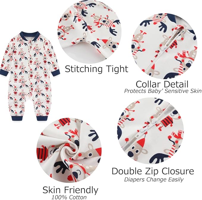 Newborn Baby 2-way Zipper Romper Cotton One-piece Jumsuit 3-pack, 0-24 Months