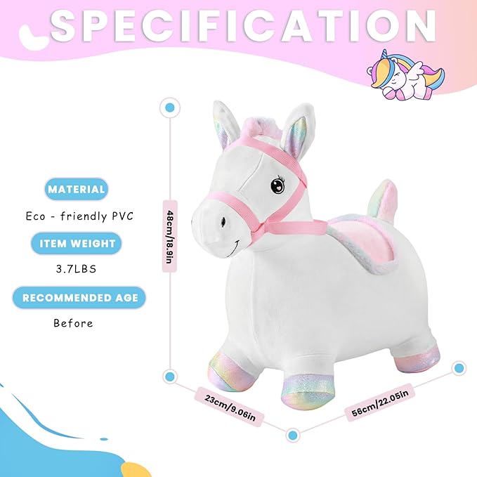 Hopper Toy 2 Year Old Boy, Toddler Plush Bounce Animals, Ride on Bouncing Plush Inflatable Horse, Outdoor Indoor Hopping Horse Bouncer, Birthday Gifts for 18m -5 Years Old Kid (White)