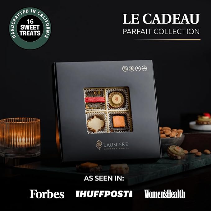 Le Cadeau Parfait Collection - Square Gourmet Gift Box (16 Treats) - Laumière Gourmet Fruits - Vegan Healthy Dried Fruits & Nuts Gift Basket - No Added Cane Sugar Sweets