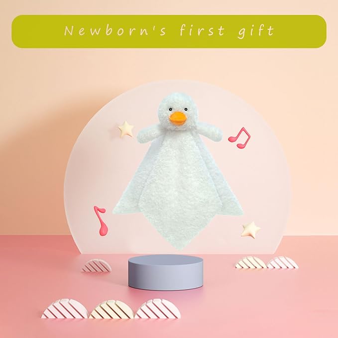 Baby White Duck Soft Stuffed Animal Security Blanket, Plush Duck Character Lovey Blanket, Baby Shower/Nursery Gift, Newborn Infant Toddler Snuggle Blankie for Boys Girls, 14 Inches