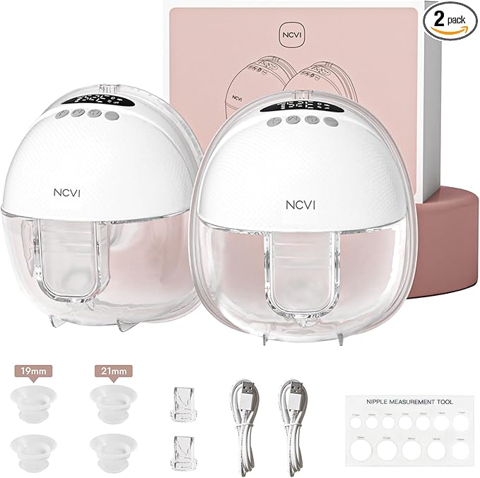 NCVI Wearable Breast Pump Hands Free, Portable Electric Breastfeeding Pump with 1500mAh Battery, Quiet Operation, Smart LED Display, 4 Modes & 9 Levels, 19/21/24mm Flanges, 2 Pack, White