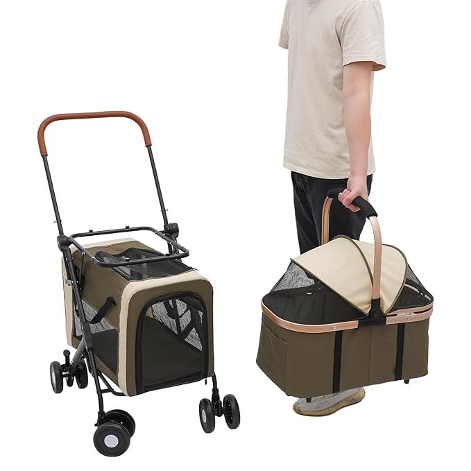 Double Pet Stroller for Dogs and Cats, Foldable Dog Stroller Travel Carriage with Detachable Carriers, Safety Belts, and 4 Lockable Wheels for Small to Medium Pets (Dark Green)