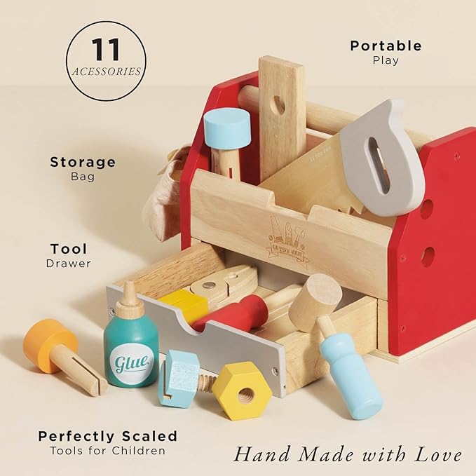 Le Toy Van - Cars & Construction Educational Wooden Tool Box Play Set for Role Play | Boys Pretend Play Wooden Tools - Suitable for 3 Year Olds and Older, Tool Box 12 Piece Set