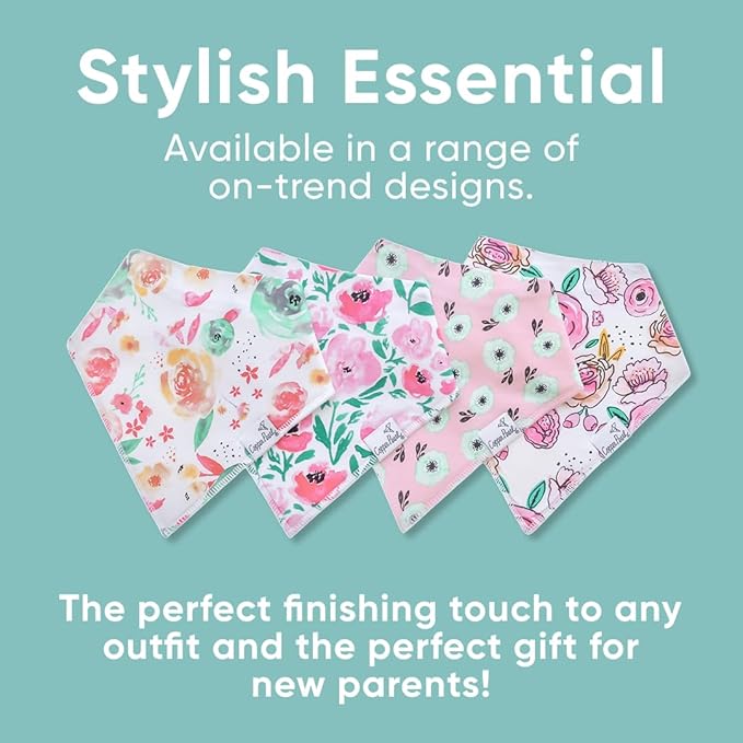Copper Pearl 4 Pack Soft Cotton Baby Bibs for Drooling and Teething, Absorbent Drool Bibs for Baby Girl and Boy, Adjustable to Fit Newborns to Toddlers, Tons of Styles (Bloom)
