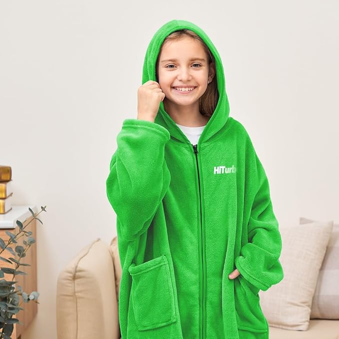 Hiturbo Kids Bath Towel Hoodie: Soft Plush Zipper Surf Poncho - Warm Fleece Changing Towels Swimming Outerwear (Green)