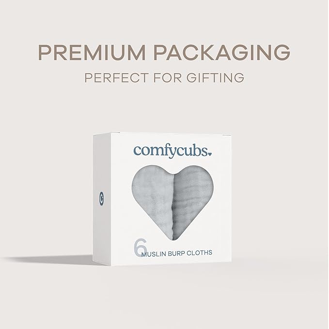 Comfy Cubs Muslin Burp Cloths 20" x 10", Pack of 6 - Large, 6-Layer, Ultra Absorbent 100% Cotton for Baby Drool and Messes - Soft, Safe & Gentle Baby Burp Cloths for Boys & Girls - Heather Blue