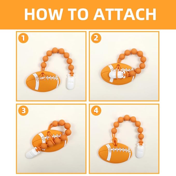 Baby Food Grade Silicone Sport Ball Teether Toy with Pacifier Clip Holder,Teething Pain Relief Toys Gift Set for 3 Months+ Boys and Girls,Freezer Safe,BPA Free. (American Football)
