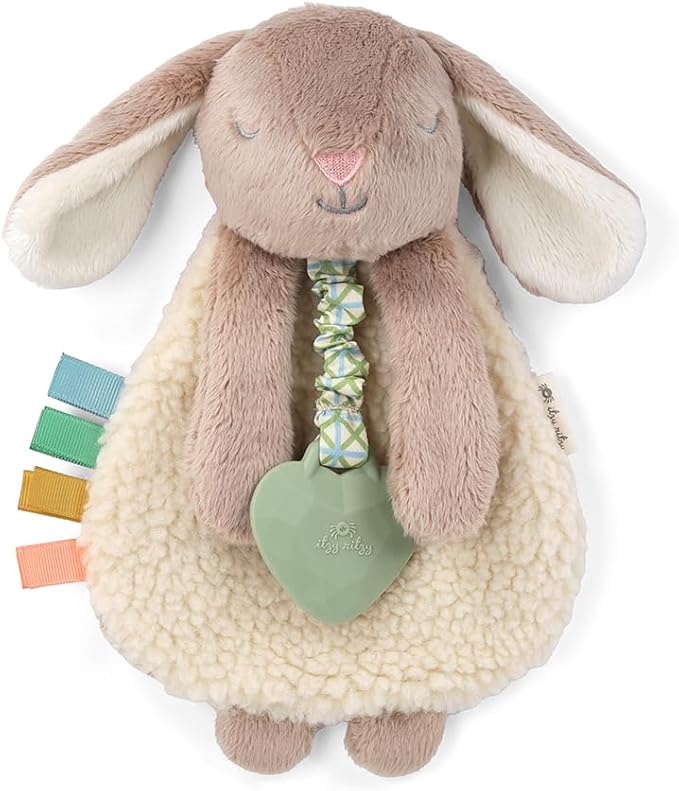 Itzy Ritzy - Itzy Lovey Including Teether - Baby Lovey with Teether, Textured Ribbons & Dangle Arms - Features Crinkle Sound, Sherpa Fabric and Minky Plush (Taupe Bunny)
