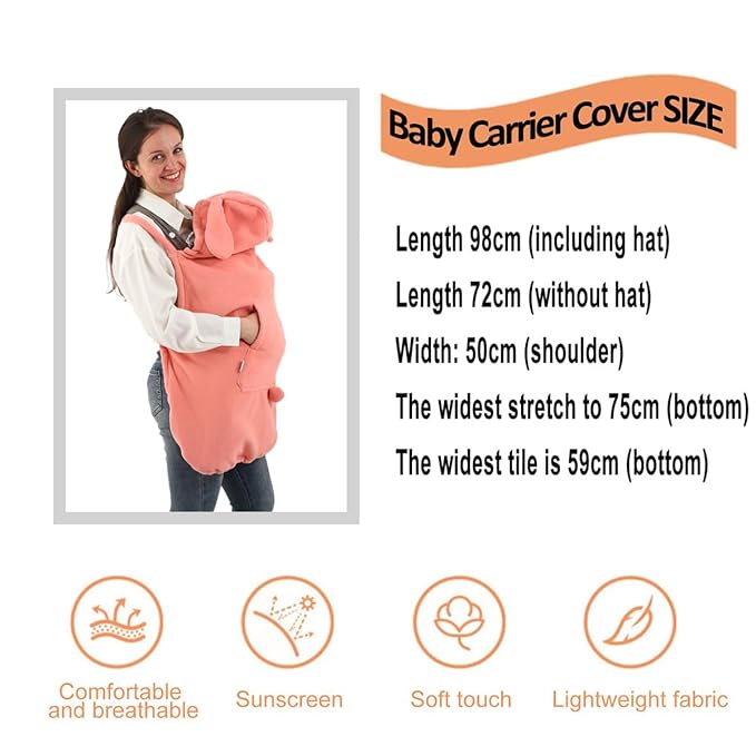 Baby Carrier Cover Stroller Cover -Newborn Hooded Stretchy Cloak Reversible,Cloak Kangaroo Hoodie Baby, Suit for All Seasons-Pink