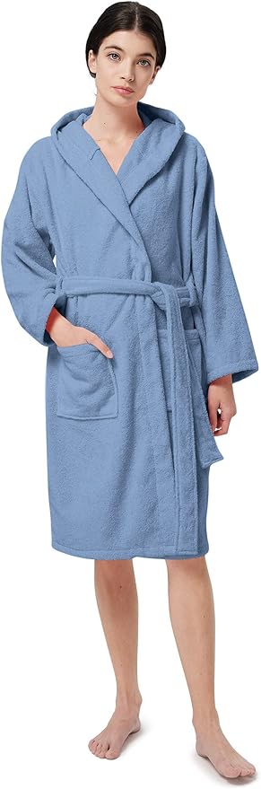 SIORO Womens Hooded Terry Cloth Robe, Cotton Absorbent Knee-Length Bathrobe, Housecoat with Pockets for Spa & Shower