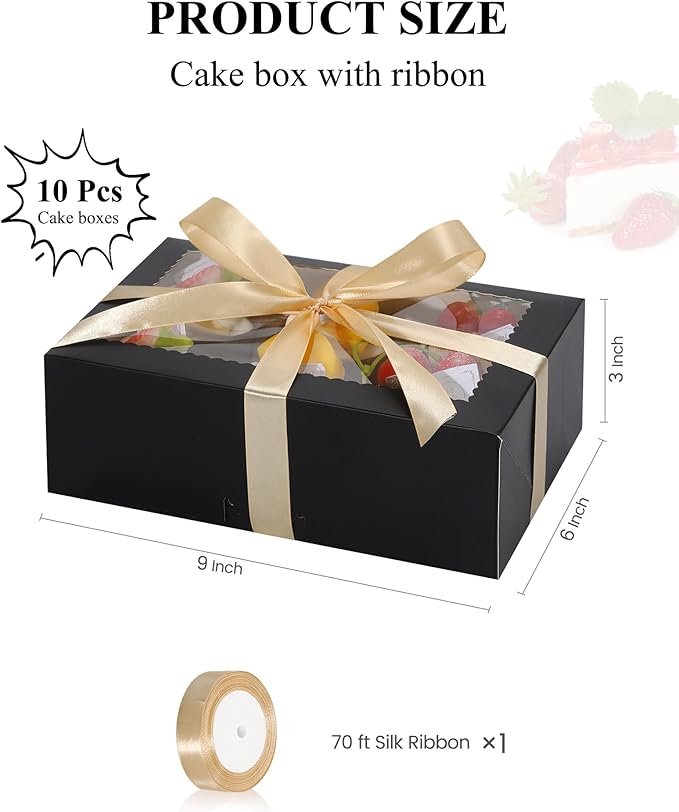 COTOPHER 10Pcs Cookie Boxes with Ribbons, 9x6x3 Inch Bakery Boxes with Window, Black Treat Containers for Pastries, Chocolate Covered Strawberries, Dessert, Easter Candy, Muffins, Donuts