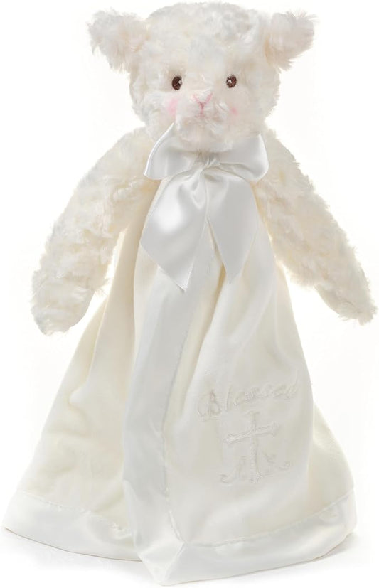 Bearington Collection Lamb Plush Security Blanket Lovey Christening Stuffed Animal - 15 in White Satin Trim - Baptism Lamb Security Blanket