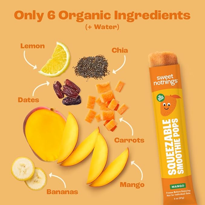 Sweet Nothings, Mango, USDA Organic Kids' Squeezable Fruit Smoothie Popsicle Pops, Value Pack of 24 - Dye-Free, No Added Sugar, Dairy-Free, Vegan, Organic Fruit and Veggie Pops, Freeze & Enjoy