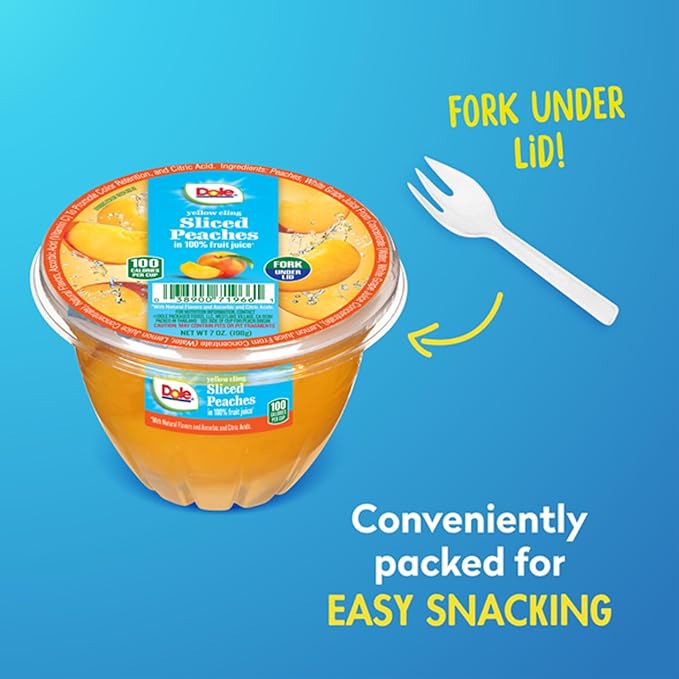 Dole Fruit Bowls Diced Peaches in 100% Juice Snacks, 7oz 12 Total Cups, Gluten & Dairy Free, Bulk Lunch Snacks for Kids & Adults