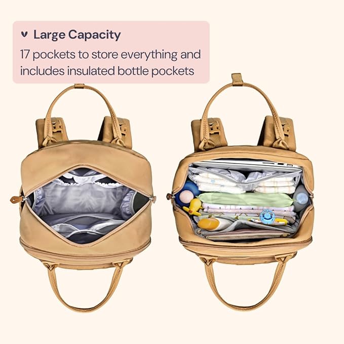 BabbleRoo Diaper Bag Backpack - Baby Essentials Travel Tote - Multi function Water Resistant Diaper Bag, Travel Essentials Baby Bag with Changing Pad, Stroller Straps & Pacifier Case - Unisex, Beige