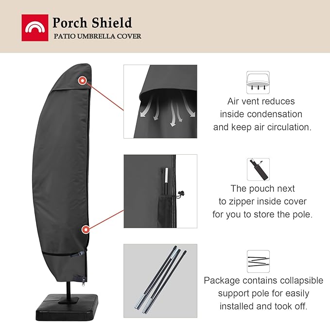 Porch Shield Patio Umbrella Cover - Outdoor Waterproof Garden Offset Banana Parasol Cover Fits Cantilever Offset Umbrella 12-14 Feet, Black