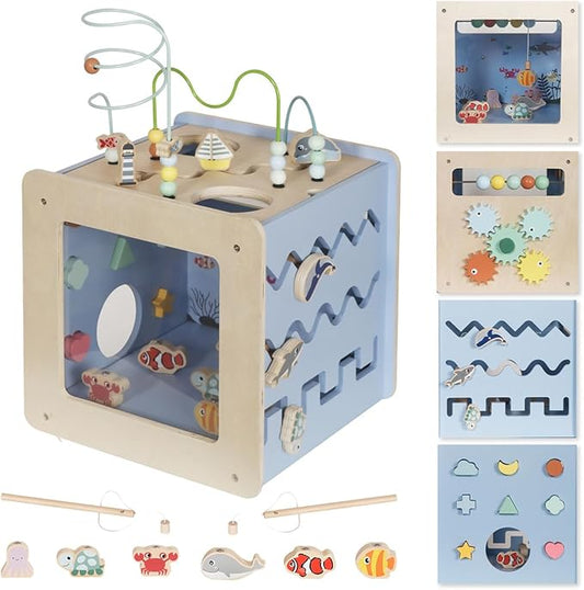 Wooden Activity Cube with Bead Maze, 7-in-1 Montessori Toys for 1+ Year Old Boys&Girls,Kids Educational Learning Toys for Toddlers Age 1-2,Under the Sea Adventure Cube with Fishing Game&Shape Sorter