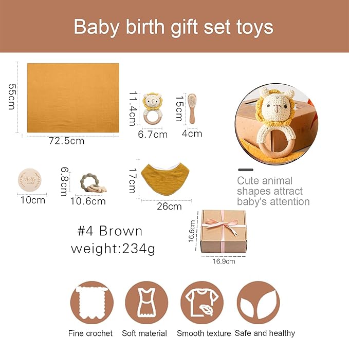 Baby Boy Gift Set New Born Shower Gifts, Baby Essentials Basket Stuffers Baby Bath Set with Muslin Baby Blanket, Teething Toys, Drool Towel, Wood Brush & Rattle, Newborn Welcome Baby Gift Box Set