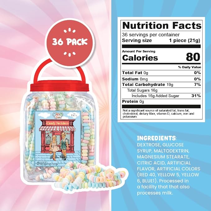 36 Candy Necklaces Individually Wrapped, Choker Style, Nostalgic Pastel Candy Jewelry Perfect for Party Favors, Pinata Fillers and Goodie Bags, Packed in a Convenient Display Tub, By 4YoreElves