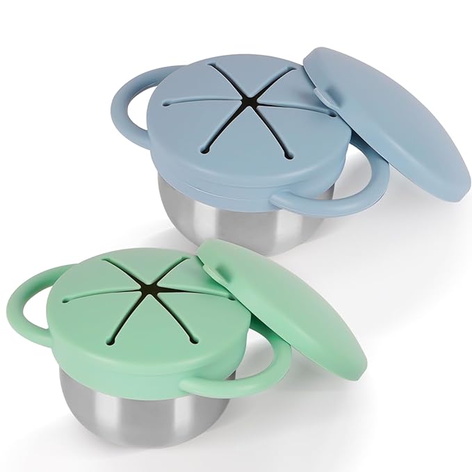 2 Pack 304 Stainless Steel Snack Cups for Toddlers, Toddler Snack Containers with Spill-Proof Silicone Travel Lid & Handle, Dishwasher Safe, Removable Snack Cup for Baby, Toddler, Kids