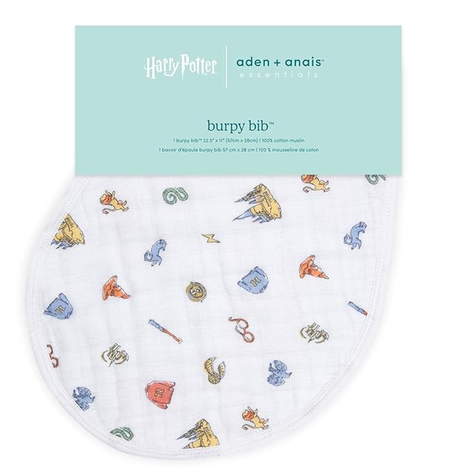 aden + anais Burpy Bib; 100% Cotton Muslin; Soft Absorbent 4 Layers; Multi-Use Burp Cloth and Bib; 22.5" X 11", Hogwarts Essentials