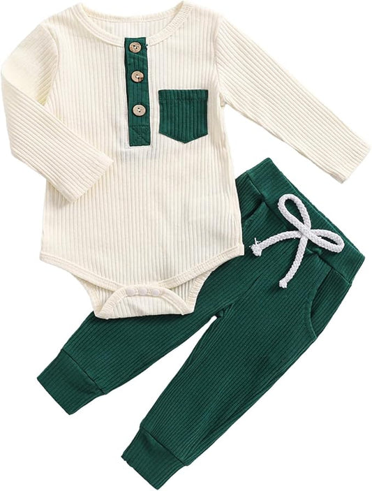 fhutpw Baby Boy Clothes 3 6 12 18 Months Ribbed Knitted Long Sleeve Romper and Pants Sets Newborn Fall Splicing Color Outfits