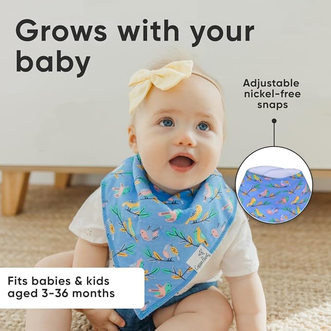 Copper Pearl 4 Pack Soft Cotton Baby Bibs for Drooling and Teething, Absorbent Drool Bibs for Baby Girl and Boy, Adjustable to Fit Newborns to Toddlers, Tons of Styles (Birdie)