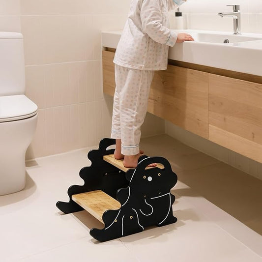 COSYLAND Wooden Toddler Step Stool for Kids with Non-Slip Surface and Handle - Supports Up to 220 Lbs Stool for Toddlers - Lovely Dinosaur Shaped Toddler Stepping Stool for Bathroom (Natural & Black)