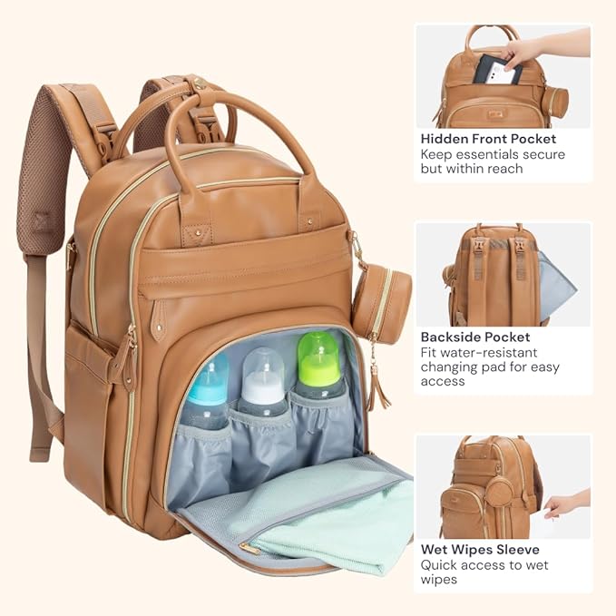 BabbleRoo Leather Diaper Bag Backpack - Baby Essentials Travel Baby Bag, Multi function, Water Resistant, with Changing Pad, Stroller Straps & Pacifier Case – Unisex, Light Brown