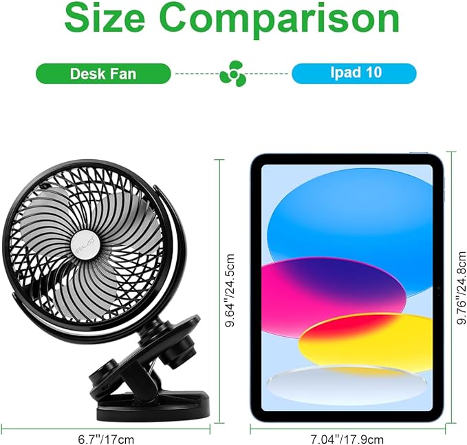 ELZO Clip on Fan, 5000mAh Mini USB Desk Auto Oscillating Small Fan, 360° Rotation Rechargeable Stepless Speed, Super Quiet Portable Fan for Office Stroller Car Camping Travel, Black