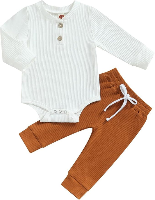 Newborn Baby Boy Girl Clothes Ribbed Knitted Long Sleeve Romper Pants Solid Cotton Infant Fall Winter Outfits 2Pcs