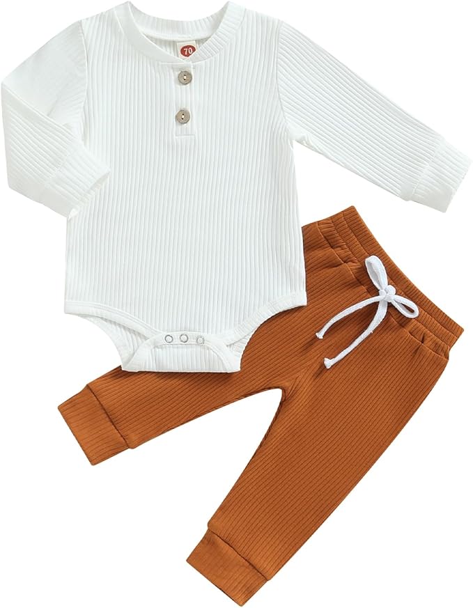 Newborn Baby Boy Girl Clothes Ribbed Knitted Long Sleeve Romper Pants Solid Cotton Infant Fall Winter Outfits 2Pcs