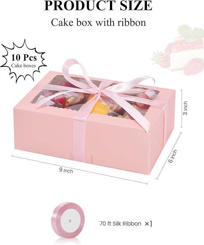 COTOPHER 10Pcs Cookie Boxes with Ribbons, 9x6x3 Inch Bakery Boxes with Window, Pink Treat Containers for Pastries, Chocolate Covered Strawberries, Dessert, Easter Candy, Muffins, Donuts