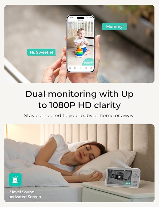 Dr.Care VistaView Lite Smart WiFi Baby Monitor with 2 Cameras- 4” 720P Split Screen & 1080P Camera App Control, Motion Alerts, Night Vision, 3000mAh Battery, 2-Way Talk, Triple Security, 1000ft Range