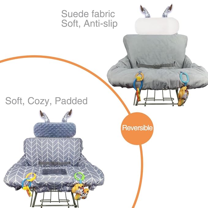 ICOPUCA Shopping Cart Cover for Baby, 2 in 1 cart Cover for Babies N high Chair Cover, Padded Grocery cart seat Cover for Baby Girl boy, with Extra Detachable Cushion, Grey;