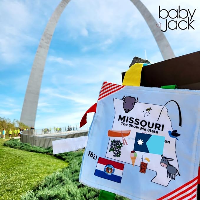 Baby Jack & Co 8x8” Learning Lovey Missouri State Tag Stroller Toy for Babies - Crinkle Toys for Developing Five Senses - Learn About Capitals - Travel with Baby Jack - BPA Free Clip