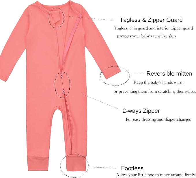 Aablexema Baby Cotton Fooltess Pajamas with Mitten, 3-pack Infant Romper Zip Up One Piece Jumpsuits Outfit