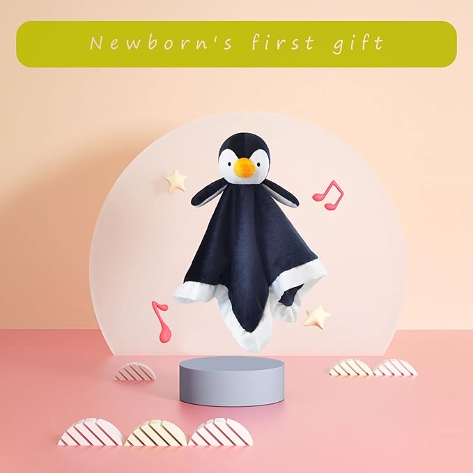Baby Black Penguin Soft Stuffed Animal Security Blanket, Plush Penguin Character Lovey Blanket, Baby Shower/Nursery Gift, Newborn Infant Toddler Snuggle Blankie for Boys Girls, 13 Inches