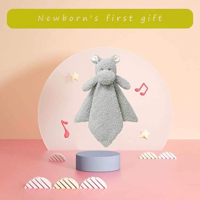Baby Gray Hippo Soft Stuffed Animal Security Blanket, Plush Hippo Character Lovey Blanket, Baby Shower/Nursery Gift, Newborn Infant Toddler Snuggle Blankie for Boys Girls, 14 Inches