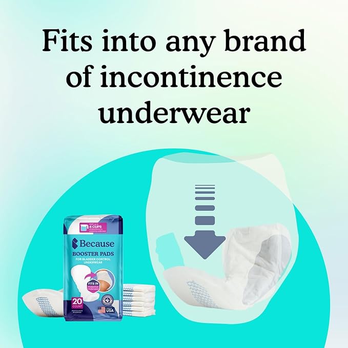 Because Overnight Incontinence Booster Pads for Men and Women, Adds 4 Cups Extra Absorbency to Adult Diapers, Super Soft, Adhesive Strip Backing, Unisex, 45 Count