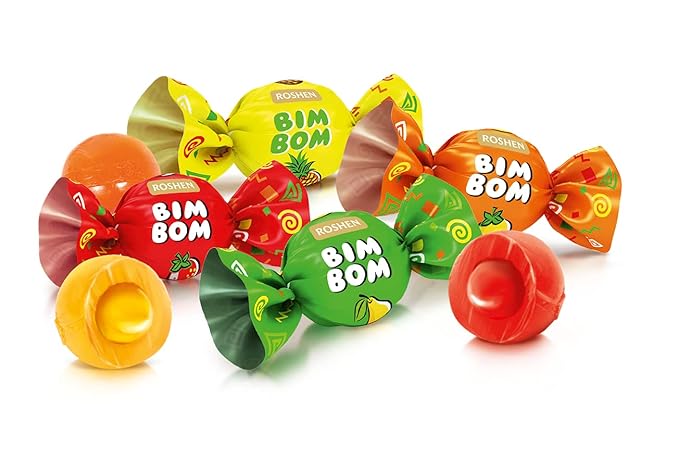 Roshen Bim Bom Hard Candy with Fruit Flavor Filling Kosher and Halal, Delicious, Flavorful Hard Sweets Bulk Candy 1kg/2.2lbs