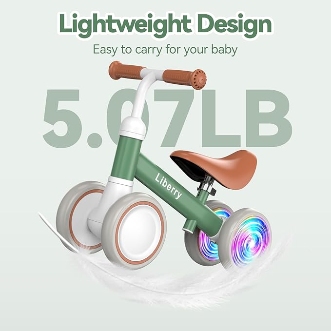 Liberry Light Up Baby Balance Bike 1 2 Years, Ride Toys with Adustable Seat for Boys Girls, First Birthday Gift for Toddlers, Green