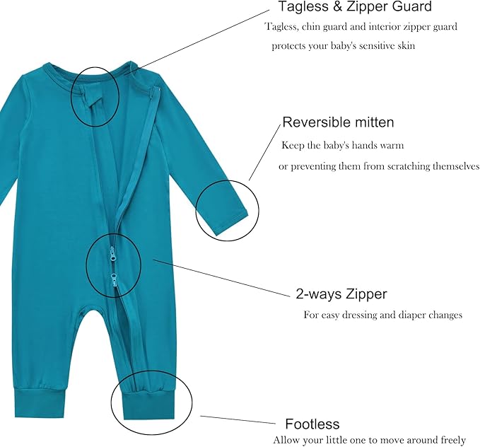 Aablexema Baby Footless Pajamas Rayon 3pcs Unisex Infant Zipper Romper with Mitten Cuffs Sleep Play PJs