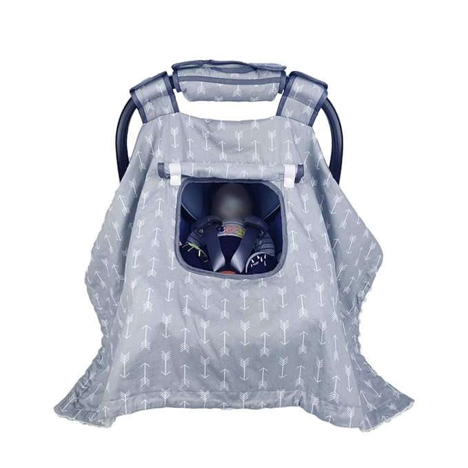 Car seat Covers for Babies boy Girl, Carseat Canopy for Newborn Carrier, 2 Layers Windows of mesh/Fabric, No Shifting on Carrier Handle, Cotton and Fleece, Handle Cushion, White Minky